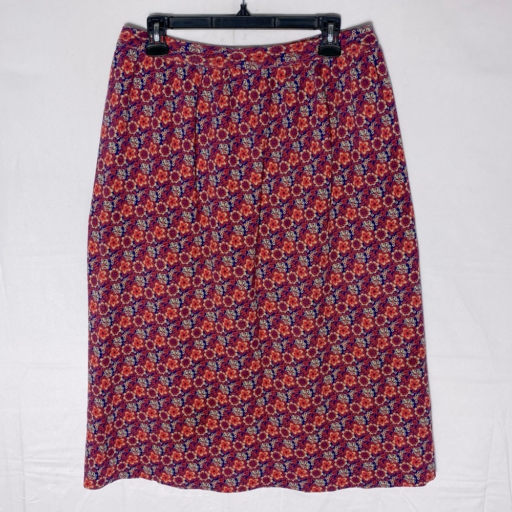 Vintage Handmade Red Blue Floral Print Midi Skirt L Cottagecore Grannycore